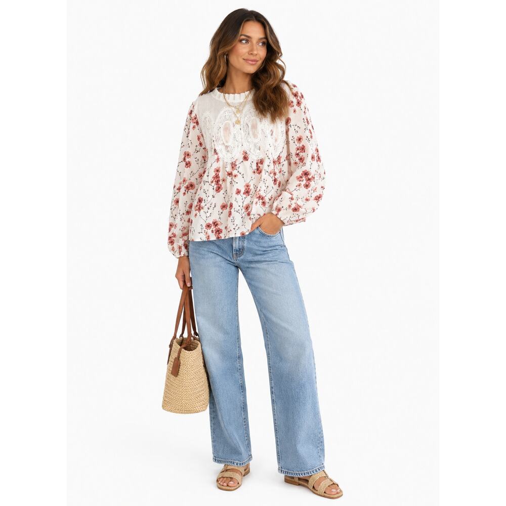 Floral Lace Peplum Blouse NWT L Boho Cottagecore Romantic Top